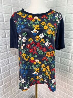 TORY BURCH 100% LINEN IRIS BLOUSE NAVY BLUE BACK AND FLORAL IRIS FRONT SZ LG